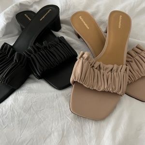 Reformation Marcella Ruched Flat Slide Nude & Black $148 Sustainable